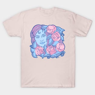 Beautiful Woman with Five Pink Pastel Roses T-Shirt